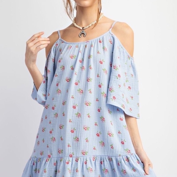 New Easel Cold Shoulder Dress Pom Pom Trim Ruffle Gauze Blue Floral Pockets - Picture 8 of 12